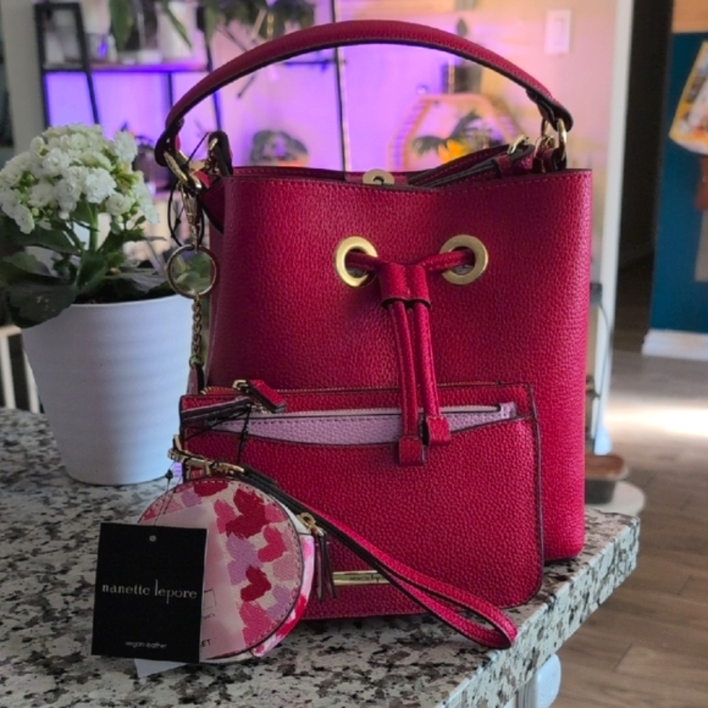 Nanette Lepore Pink Bucket Bag Set